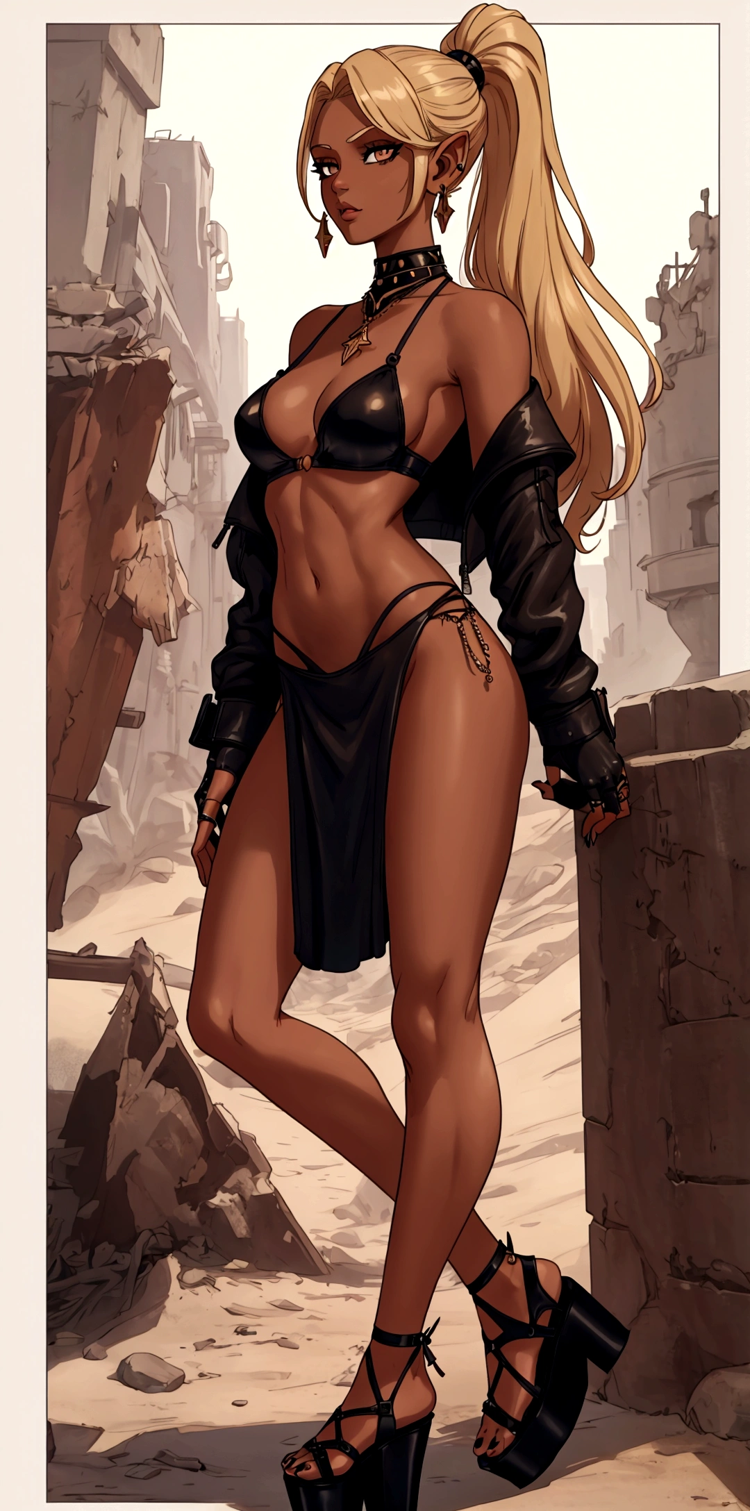 8K, Top Quality, Intricate Details, Ultra Detail, Ultra High Resolution, Masterpiece, full body, Very tall, dark skinned female elf; slender, blonde hairs and incredible long ponytail; strong makeup; brown eyes; small pointy breast; sensual midriff; wearing superhighplatform sandals, desert abandoned city, jewelery, necklace, earrings, black bikini top, short leather jacket, thongs with a lot of strings, leather skirt, long fingernails; gloves, rings, best quality, expressive eyes, perfect face, masterpiece, slim body, very long legs, detailed stomach, detailed hips, detailed legs, carefully drawn toes, carefully drawn feet, carefully drawn hands, best quality, drawn with careful, Dynamic Angle, Highly detailed, seductive eyes, NTR