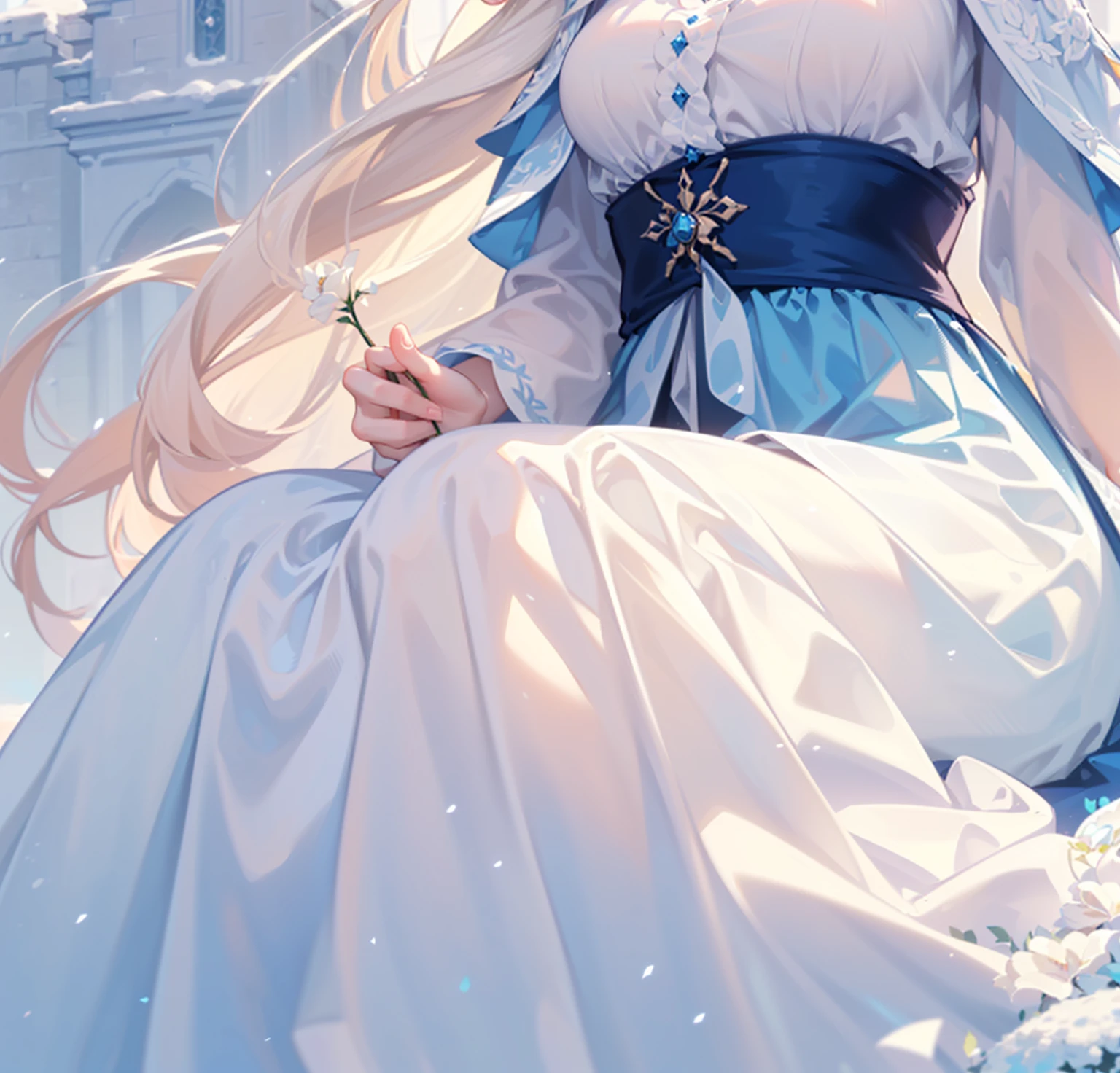 ((best quality，masterpiece，Extremely complex and exquisite details，The body of a beautiful girl with long white straight hair，long skirt))，(Exquisite light blue and white snow clothing，Beautiful bright and exquisite snow white ancient style high transparent architectural background)，(Correct hand anatomy，Holding roses)，(white hair，Snow，Falling Flowers，Majestic and elegant outdoors)，sitting