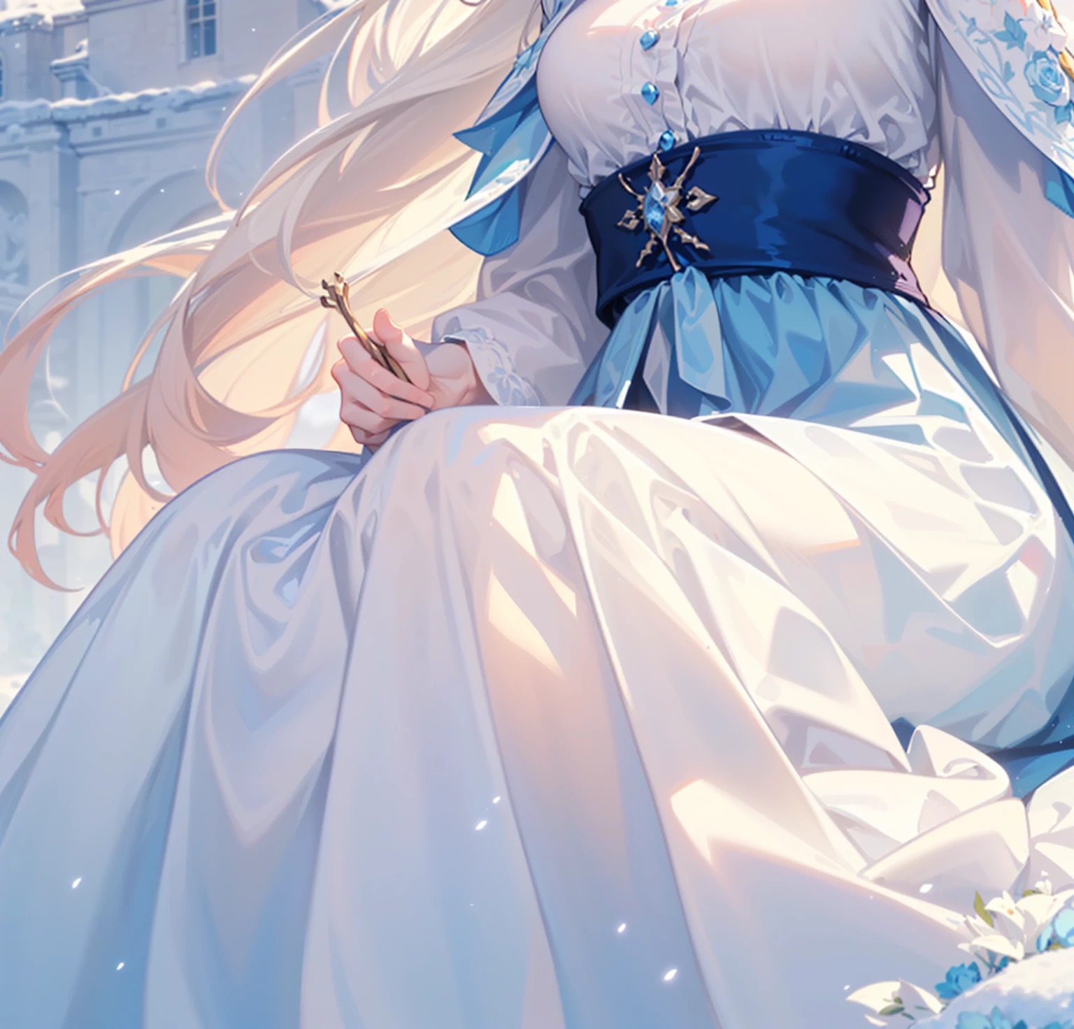 ((best quality,masterpiece,Extremely complex and exquisite details,The body of a beautiful girl with long white straight hair,long skirt)),(Exquisite light blue and white snow clothing,Beautiful bright and exquisite snow white ancient style high transparent architectural background),(Correct hand anatomy,Holding roses),(white hair,Snow,Falling Flowers,Majestic and elegant outdoors),sitting