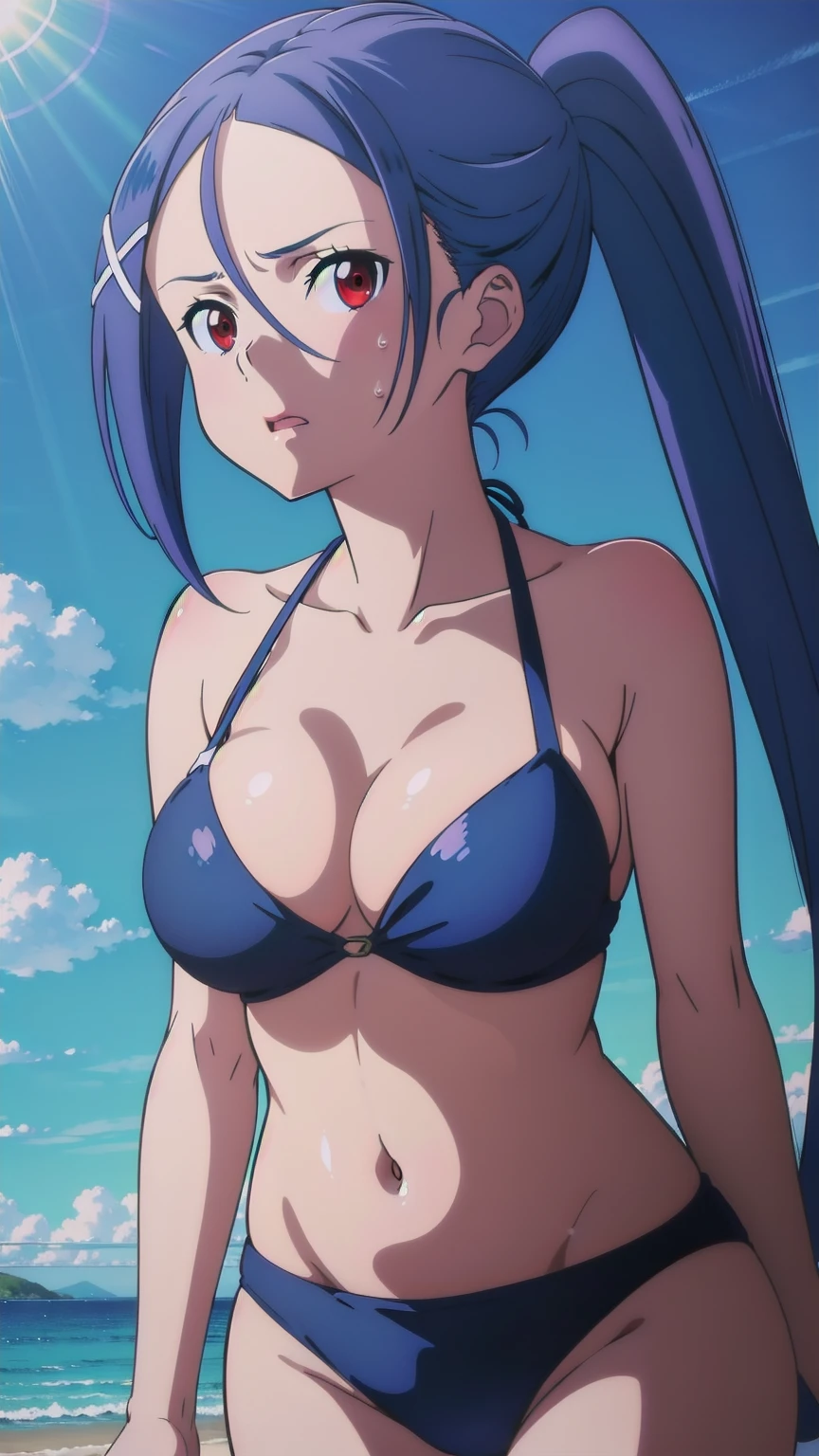 hair between eyes, very long hair, high pony tail, x hair ornament, ,red eyes:1.2,hair ornament, blue hair, looking at the viewer, blue theme, blue background, cloudy sky, sunlight, sweat, orgasmic, bikini swimsuit, large breasts, cleavage, belly button exposed, collarbone, thighs, sea and beach,