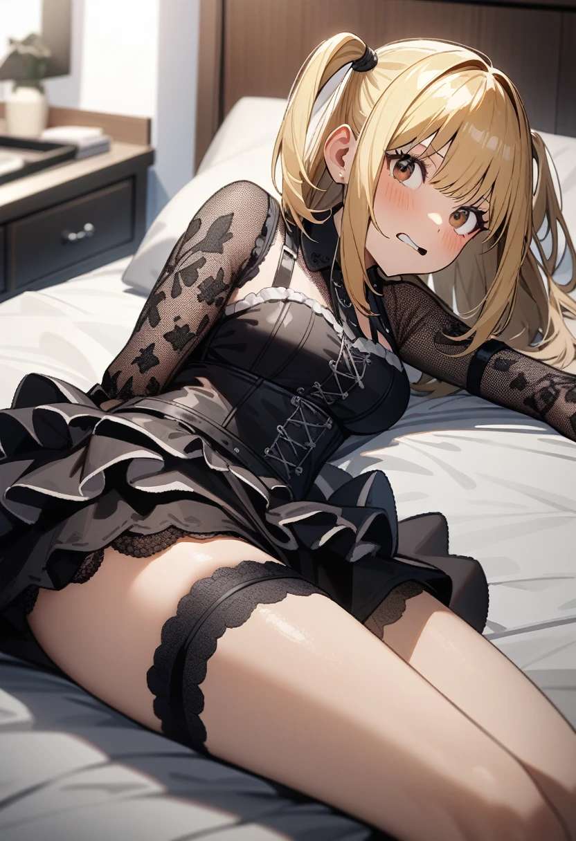1girl,solo,(amane misa, death note:1.1),super detailed skin,shiny skin,embarrassed,,blonde hair,sidelocks,short twintails,long hair,medium breasts,Punk ta,gothic skirt,frilled panties,lying on bed,2D,anime,girl's loliedroom,masterpiece,best quality,ultra detailed,high resolution,sharp focus,depth of field,