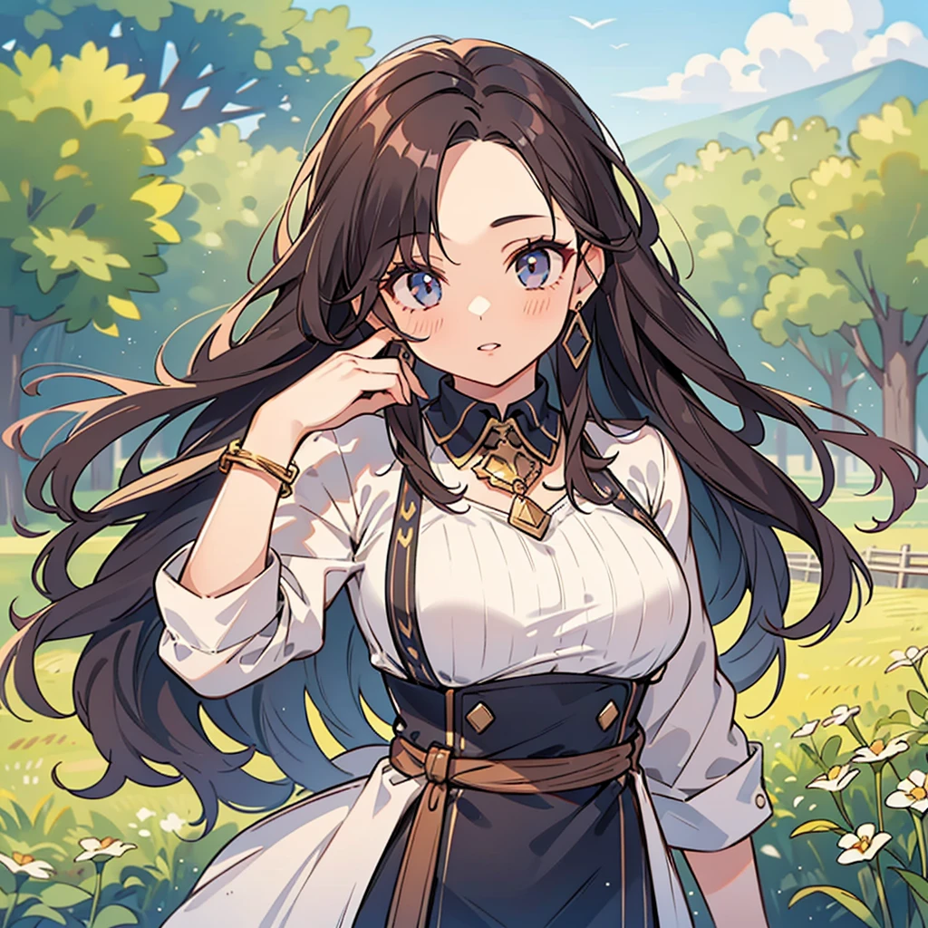 1girl in, 30 years old, Square face, Long hair, Looking at viewer, jewelry, Realistic, Sexy, farm outfit, farm background, free upper body pose