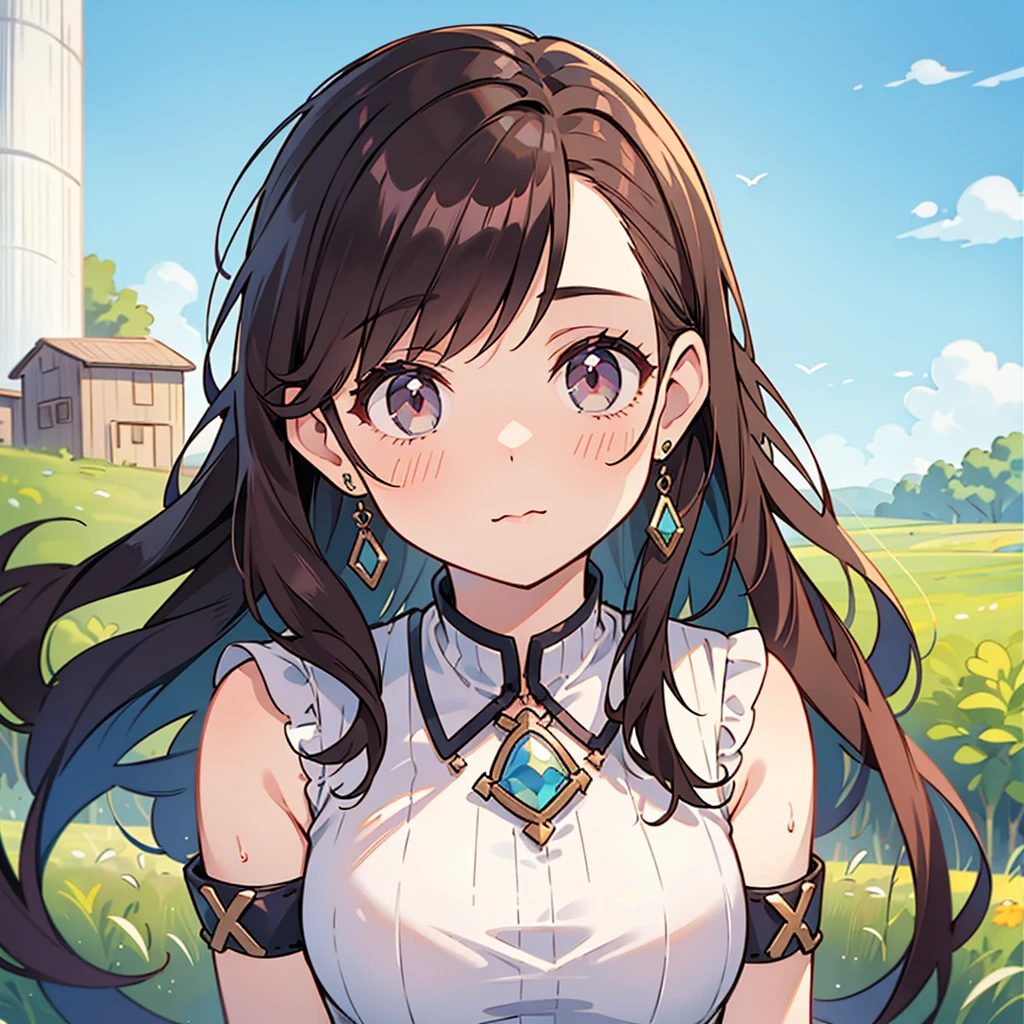 1girl in, 30 years old, Square face, Long hair, Looking at viewer, jewelry, Realistic, Sexy, farm outfit, farm background, free upper body pose
