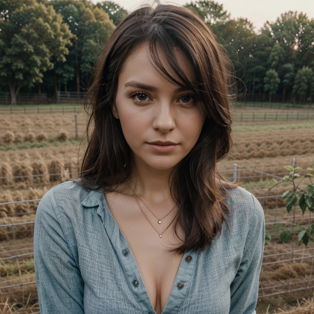 1girl in, 30 years old, Square face, Long hair, Looking at viewer, jewelry, Realistic, Sexy, farm outfit, farm background, free upper body pose