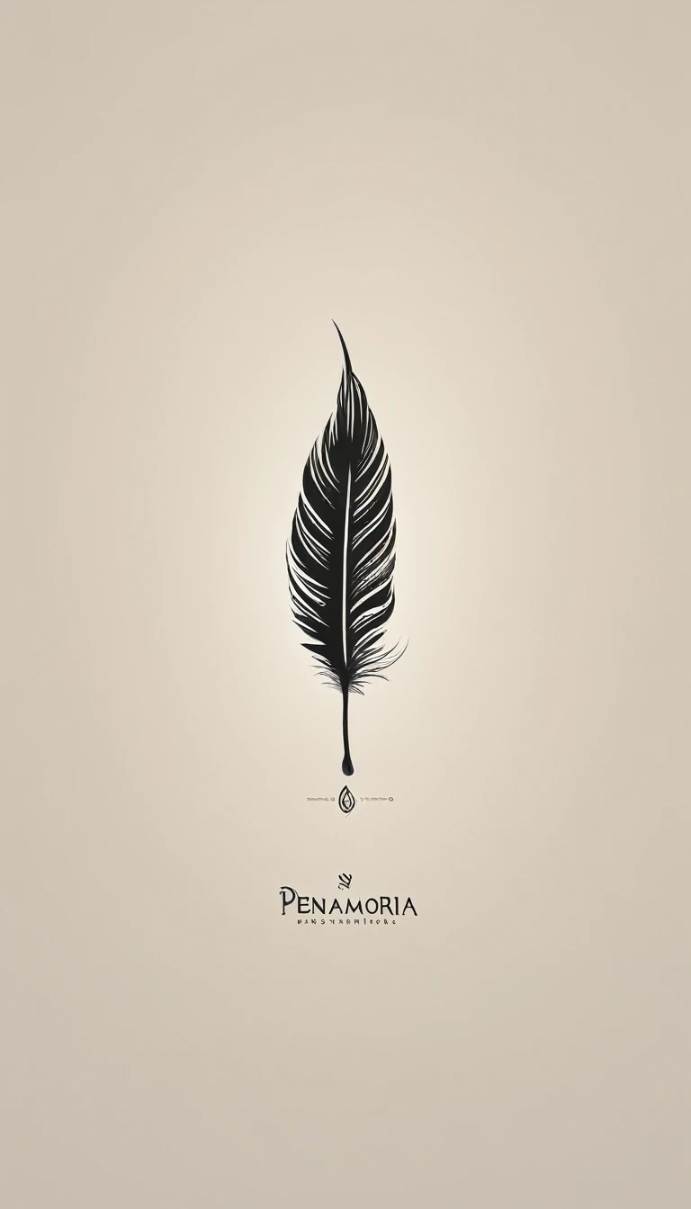 A minimal, modern, simple, cinematic logotype for the brand “Penamemoria". The logotype must be a simple, magical feather and a boy playing acoustic guitar. The logo must convey a sense of music, stories and dreams. Logo design impressed on a book cover. Minimalistic logo
