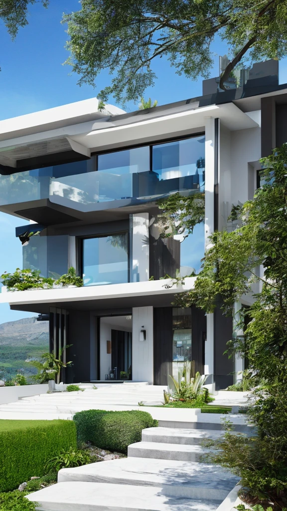 Modern House, Skip Floor, Large living room with modern and cozy décor, Upstairs room, gorgeous, Stairs with plants and pillars in the room, Place in the mountains, Beautiful views of the city, Luxury car in front of you, 8K, high quality, Surrealist, 最high quality, From your mobile phone