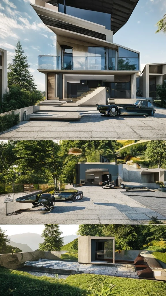 Modern House, Skip Floor, Large living room with modern and cozy décor, Upstairs room, gorgeous, Stairs with plants and pillars in the room, Place in the mountains, Beautiful views of the city, Luxury car in front of you, 8K, high quality, Surrealist, 最high quality, From your mobile phone