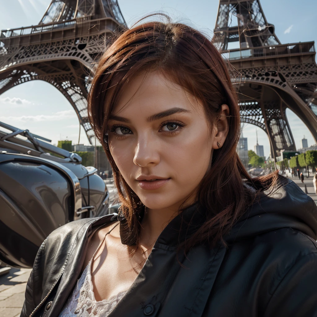 "Performs a detailed analysis of the image in RAW format entitled 'REST OF THE DIGITAL DREFLEX (kkw-ph1:0.9)' showing a young woman in her 20s. Describes her physical appearance in terms of her red hair, ojos, labios y nariz. Examine how the location of the Eiffel Tower in Paris in the background adds context and meaning to the image. Analyze the use of lighting and color to highlight the professionalism of this photograph."