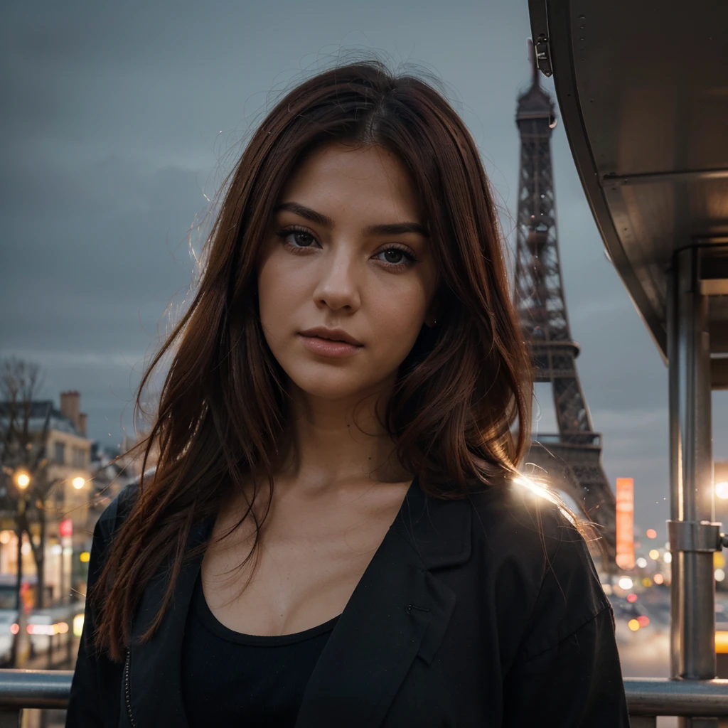 "Performs a detailed analysis of the image in RAW format entitled 'REST OF THE DIGITAL DREFLEX (kkw-ph1:0.9)' showing a young woman in her 20s. Describes her physical appearance in terms of her red hair, ojos, labios y nariz. Examine how the location of the Eiffel Tower in Paris in the background adds context and meaning to the image. Analyze the use of lighting and color to highlight the professionalism of this photograph."