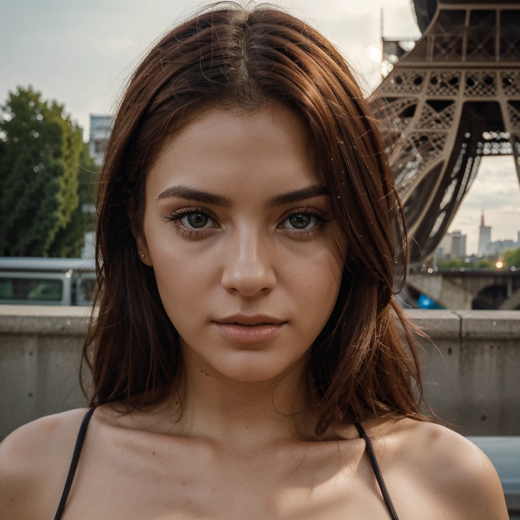 "Performs a detailed analysis of the image in RAW format entitled 'REST OF THE DIGITAL DREFLEX (kkw-ph1:0.9)' showing a young woman in her 20s. Describes her physical appearance in terms of her red hair, ojos, labios y nariz. Examine how the location of the Eiffel Tower in Paris in the background adds context and meaning to the image. Analyze the use of lighting and color to highlight the professionalism of this photograph."