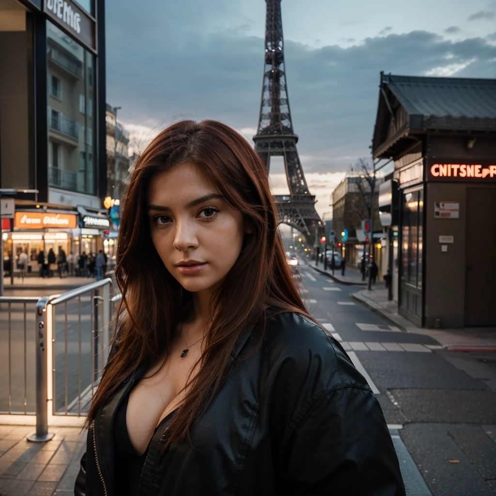"Performs a detailed analysis of the image in RAW format entitled 'REST OF THE DIGITAL DREFLEX (kkw-ph1:0.9)' showing a young woman in her 20s. Describes her physical appearance in terms of her red hair, ojos, labios y nariz. Examine how the location of the Eiffel Tower in Paris in the background adds context and meaning to the image. Analyze the use of lighting and color to highlight the professionalism of this photograph."