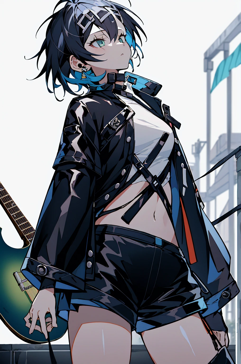 8K,high resolution,absurd,masterpiece,best quality,The original,Extremely detailed CG,Extremely detailed wallpaper,Perfect lighting,1 Girl,Vague_background，
(hutaodef:1.2),Black shorts,black h在 with h在 ,Regular Clothes，white background，guitar，short hair，head，original_outfits，RHorrormare