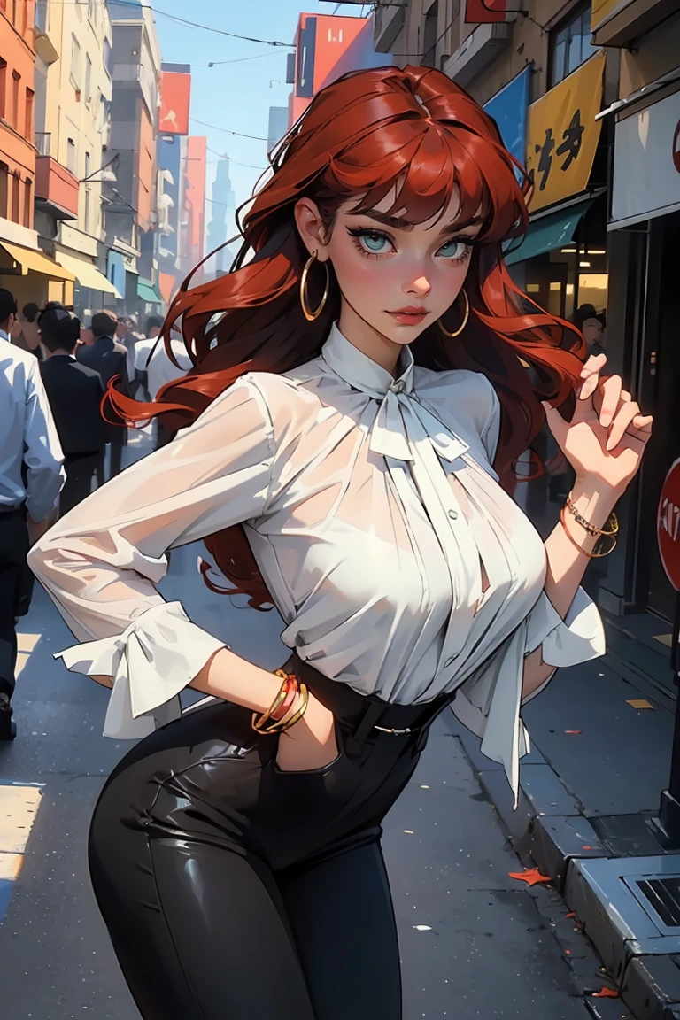 Goddess ((goddess-like woman)), slim, elegant silhouette, masterpiece, (close angle), best quality, cute face, (masterpiece:1,2, best quality), (real picture, intricate details), ( 1 lady, solo, medium tits, narrow waist, (long hair), a woman with long hair, red hair, long wavy red hair, Bangs, green eyes, she has an impressive presence., bracelet, hoop earrings, jewelry, beautiful face, beautiful eyes, she looks the Looking at viewer, she is wearing a blouse and black pants, high heel boots, sweet irresistible smile, elegant pose, elegant hands, beautiful hands, perfect fingers, background: she is standing in a big city, a busy city, a dance club, outside, blue sky,