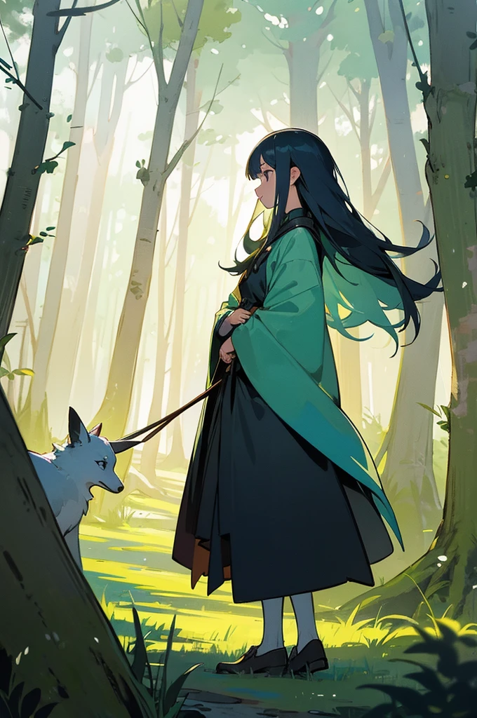 An illustration to a fairy tale about a girl standing in the forest who can talk to animals