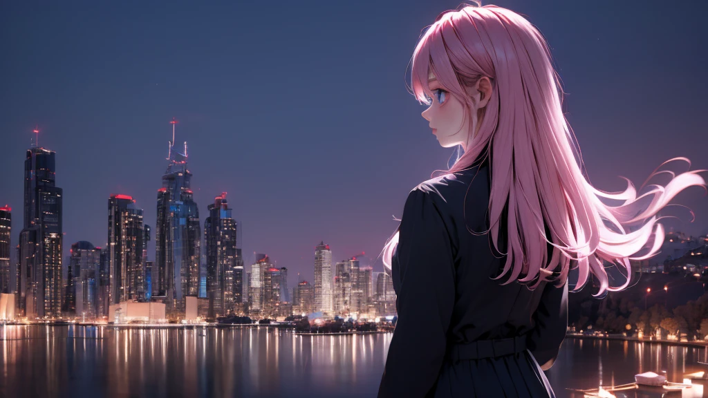1 girl, medium light pink hair, light blue eyes, wearing black suit 4D, night city, absurdres, high res, ultrasharp, 8K, masterpiece, looking from behind