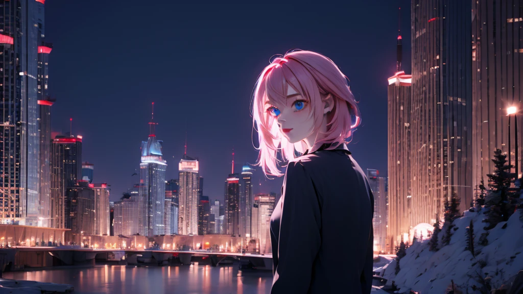 1 girl, medium light pink hair, light blue eyes, wearing black suit 4D, night city, absurdres, high res, ultrasharp, 8K, masterpiece, looking from behind