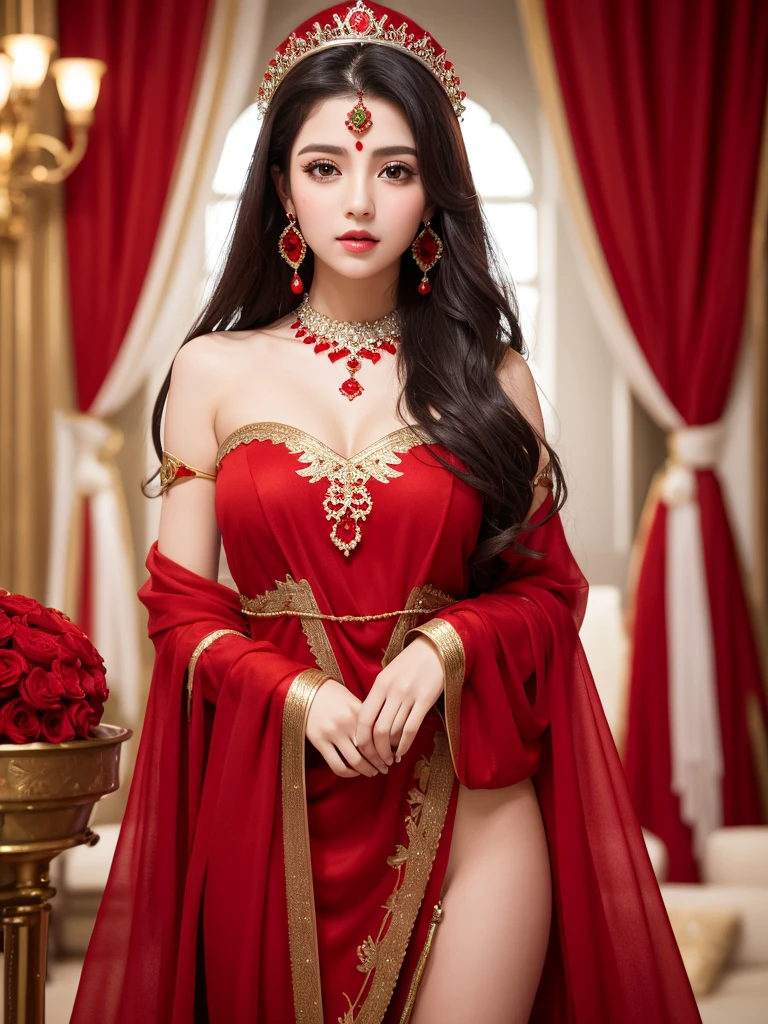 、Highest quality , sexy, Ultra-high resolution, RAW Photos, girl, indoor, White skin, Long Hair ,whole body,Black Hair、Red color clothes、Saudi Arabian national costume、Red color crown、red necklace、Red wrist ornament、Red earrings、