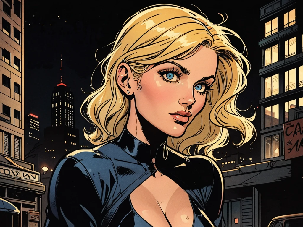 1930s American city background, city in darkness, An atmosphere of unknown horror, Portrait of blonde sexy woman, Women look straight ahead, american cartoon style