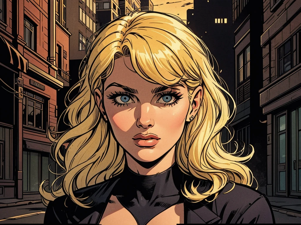1930s American city background, city in darkness, An atmosphere of unknown horror, Portrait of blonde sexy woman, Women look straight ahead, american cartoon style
