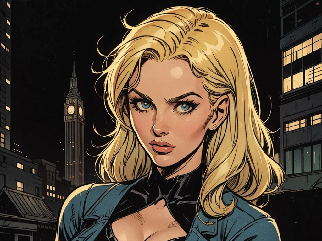 1930s American city background, city in darkness, An atmosphere of unknown horror, Portrait of blonde sexy woman, Women look straight ahead, american cartoon style