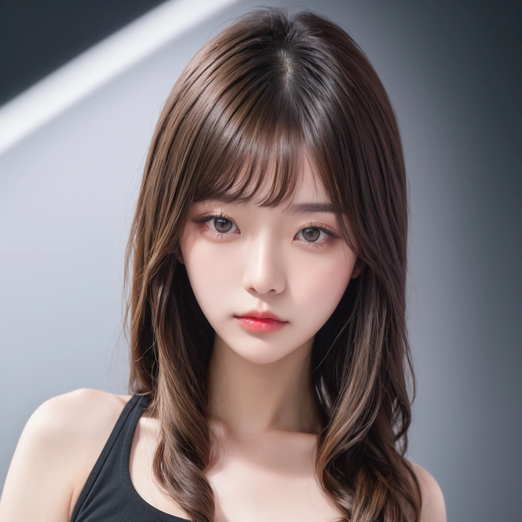 Korean SNS celeb model, woman, body hairstyle, long style, bob length, tight soft curl, integrated into face line bangs, blonde brown hair, Nikon Z7 II Mirrorless Camera, 120mm F/4 wide-angle lens, best quality, masterpiece, ultra detailed, cowboy shot, flowing, 3dmm, ink sketch, color ink, ink rendering, octane render, pastels, rice paper, clear face, full hairstyle, full black background, only face and neck, white t-shirtface centered, passport photo style