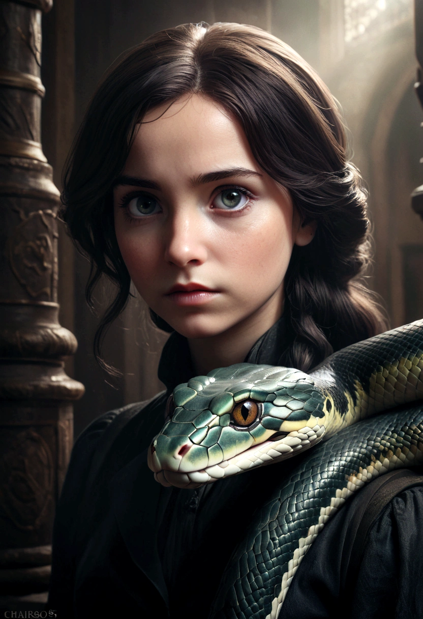 a young girl, daughter of severus snape, with a giant snake as her pet, detailed intricate portrait, hyper realistic, cinematic lighting, highly detailed, 8k, photorealistic, masterpiece, dramatic atmosphere, magical fantasy, moody lighting, dark and brooding, gloomy, gothic, chiaroscuro, dramatic shadows, cinematic camera angle, natural skin tones, mesmerizing eyes, elegant hairstyles, ornate jewelry, intricate details, dramatic pose, dramatic expression