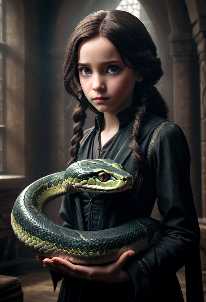 a young girl, daughter of severus snape, with a giant snake as her pet, detailed intricate portrait, hyper realistic, cinematic lighting, highly detailed, 8k, photorealistic, masterpiece, dramatic atmosphere, magical fantasy, moody lighting, dark and brooding, gloomy, gothic, chiaroscuro, dramatic shadows, cinematic camera angle, natural skin tones, mesmerizing eyes, elegant hairstyles, ornate jewelry, intricate details, dramatic pose, dramatic expression