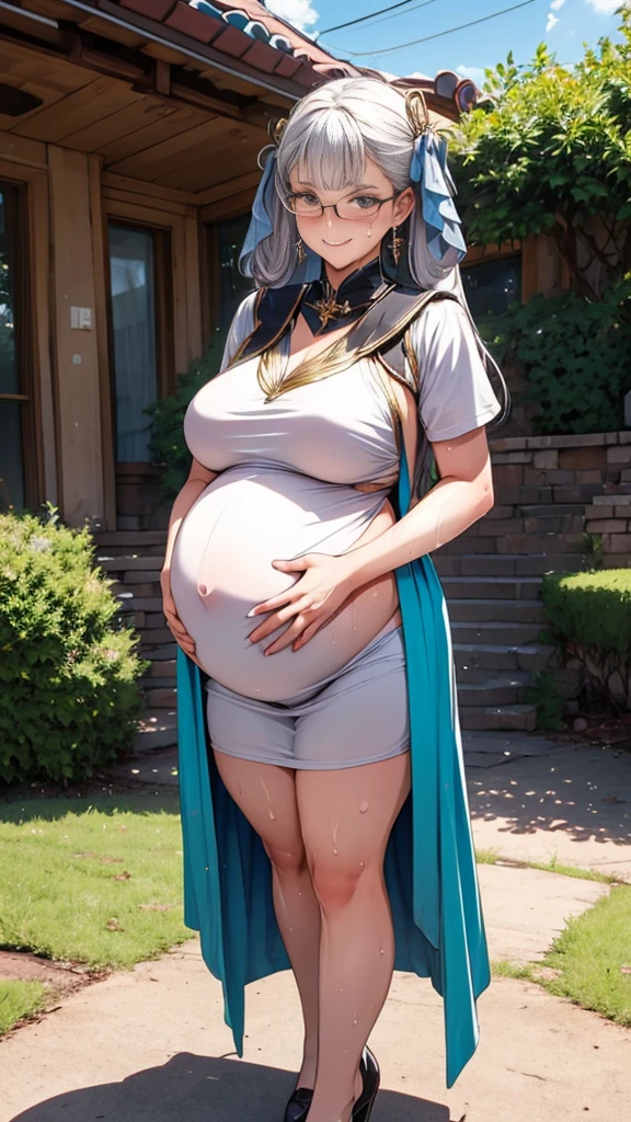 (Full body, glasses, detailed), An image of a pregnant girl wearing a magical girl costume with her belly on full display. She has a smug face. (She is very sweaty and steamy)