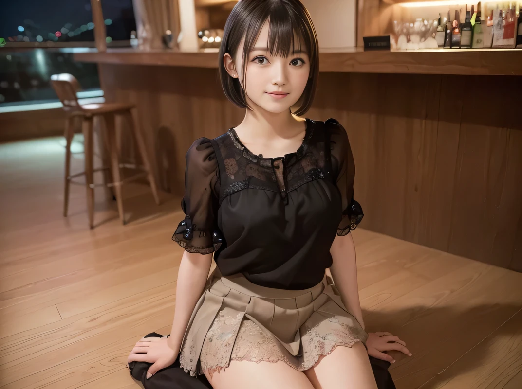(Highest quality, masterpiece, Ultra-high resolution, 8K, RAW Photos, Realistic, Anatomically correct:1.5), 20-year-old girl:1.2, Embarrassing, avert your eyes, blush:1.0, View Viewer, ((Bar Lounge)) 、Night view、 Light:1.2, Bokeh, Cinema Lighting:1.0, Depth of written boundary, sharp、 Cute face、Idol、Black short sleeve lace top、Black pleated skirt、Black clothing、”dwarf”、(Floral clothes)、(Full Body Shot)、Side angle、Cowboy Shot、 smile、(Ultra short hair)、(Short bob cut)、(Straight bangs)、((See-through))、(( One Girl))、Large Breasts、