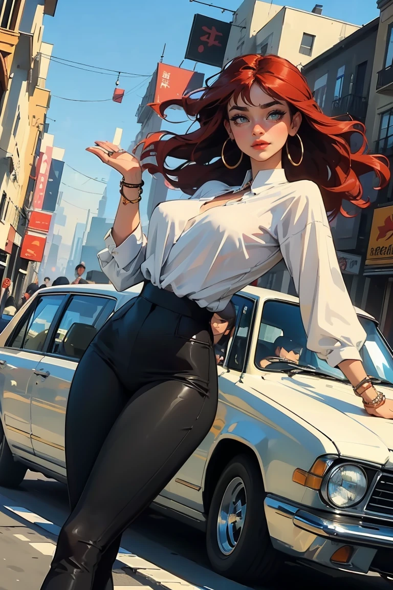 Goddess ((goddess-like woman)), slim, elegant silhouette, masterpiece, (close angle), best quality, cute face, (masterpiece:1,2, best quality), (real picture, intricate details), ( 1 lady, solo, medium tits, narrow waist, (long hair), a woman with long hair, red hair, long wavy red hair, Bangs, green eyes, she has an impressive presence., bracelet, hoop earrings, jewelry, beautiful face, beautiful eyes, she looks the Looking at viewer, she is wearing a blouse and black pants, high heel boots, sweet irresistible smile, elegant pose, elegant hands, beautiful hands, perfect fingers, background: she is standing in a big city, a busy city, a dance club, outside, blue sky,