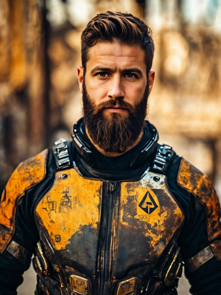 close up Portrait photo of muscular bearded guy, in a worn scuffed half life HEV suit, ((light bokeh)), intricate, half life greek delta logo on suit, (steel metal [rust]), elegant, sharp focus, soft lighting, vibrant colors, masterpiece, ((streets)), detailed face