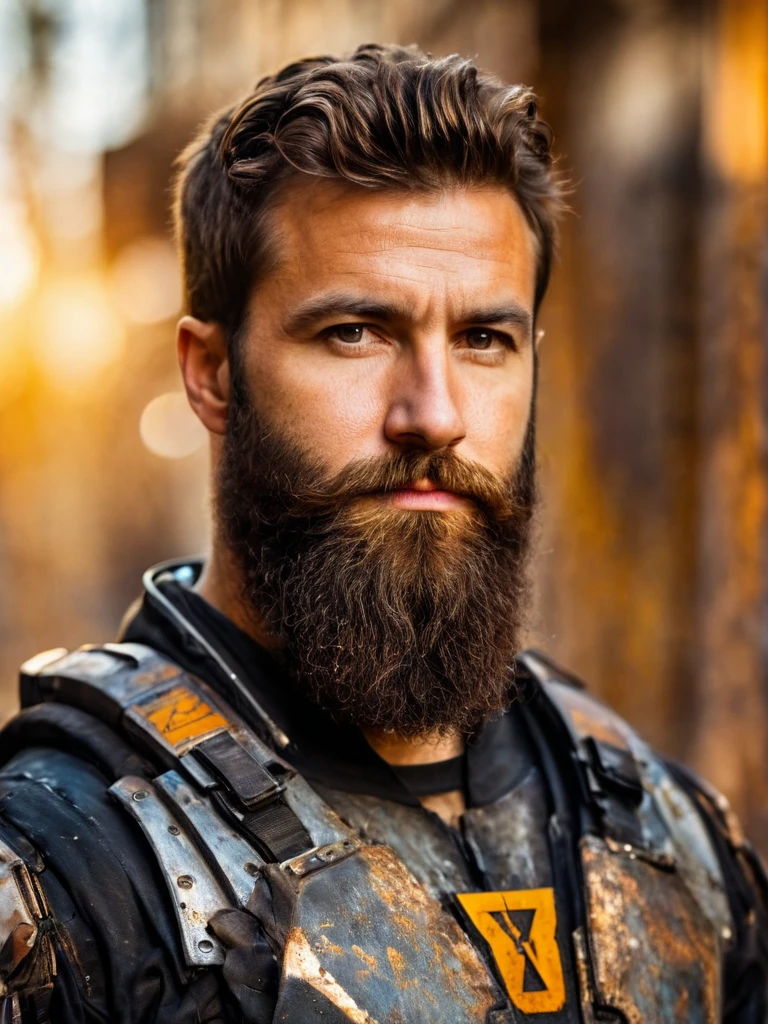close up Portrait photo of muscular bearded guy, in a worn scuffed half life HEV suit, ((light bokeh)), intricate, half life greek delta logo on suit, (steel metal [rust]), elegant, sharp focus, soft lighting, vibrant colors, masterpiece, ((streets)), detailed face