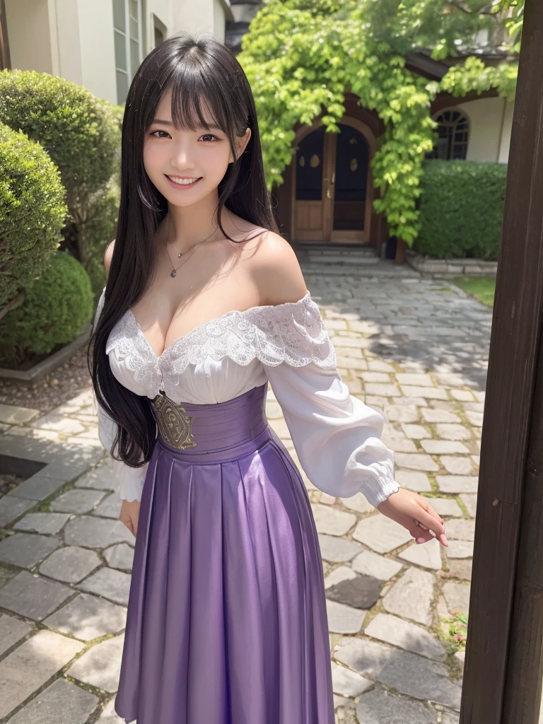 a beautiful japanese girl, very cute high school girl assassin, detailed portrait of innocent 16 year old virgin, in front of a lord's manor at the main entrance, (off-shoulder silver breastplate), (purple long maxi-skirt:1.1), (purple arm cover, silver booties), ((full body, standing, come into the house:1.1)), ((coy demonic smile, white teeth, open mouth:1.2)), greeting, blushing, fidgeting hands, translucent skin, hands clasped in front, small breasts, cleavage, glossy straight medium black hair, asymmetrical bangs, ((best quality, 4k, 8k, highres, masterpiece, ultra-detailed, realistic, photorealistic, photo-realistic, intricate detail, highly realistic:1.3)), dramatic lighting, muted color palette, cinematic composition, emotional portrait