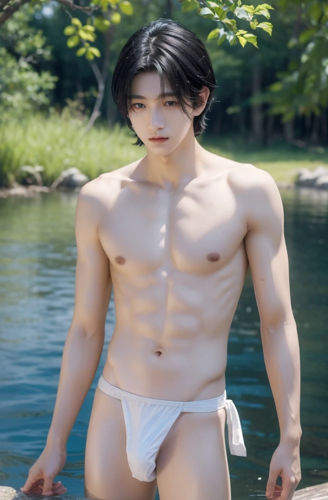 -yeld boUpper body naked, White loincloth ,Smooth Skin,lake,  Black Hair,   Thin、Beautiful Boy、Japanese、Dark Eyes