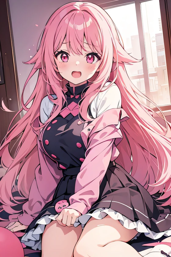 girl, cute anime girl, laughing, open mouth, beautiful hair style, pink hair, long hair, messy hair, big eyes, pink eyes, big tits, blushing, girl