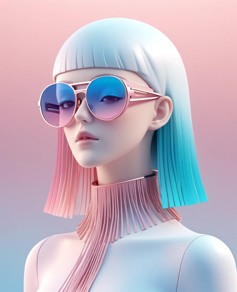 3D illustration of upper body and face of artificial intelligence model wearing futuristic glasses, Stylish glasses with tassels，Gradient background, Pastel color palette, pink blue, Simplicity, cold metallic textures, Surrealism,