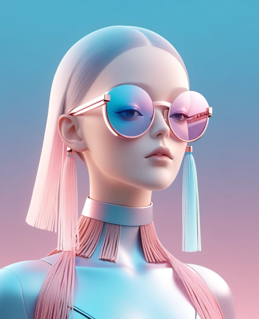 3D illustration of upper body and face of artificial intelligence model wearing futuristic glasses, Stylish glasses with tassels,Gradient background, Pastel color palette, pink blue, Simplicity, cold metallic textures, Surrealism,