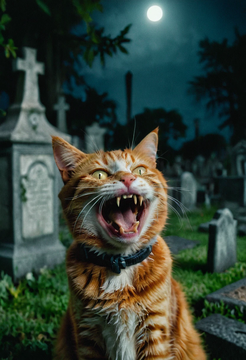 A zombie ginger cat laughs at the camera, very detailed, photorealistic, night in the cemetery, creepy atmosphere, Cinematic, Masterpiece, half body portrait, dramatic shadow evocative analog film noise, half body portrait, cinematic, movie still, captured in the style of Sony Alpha A7 III camera