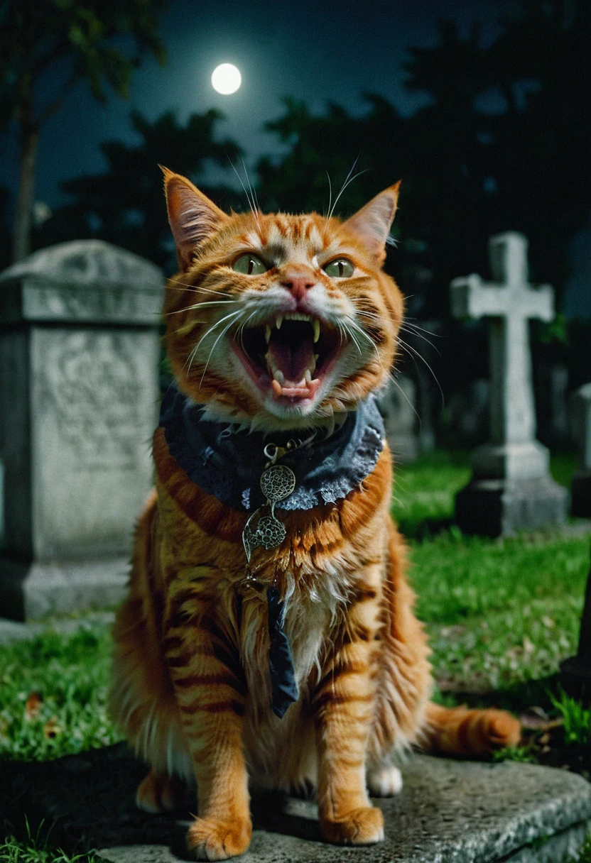 A zombie ginger cat laughs at the camera, very detailed, photorealistic, night in the cemetery, creepy atmosphere, Cinematic, Masterpiece, half body portrait, dramatic shadow evocative analog film noise, half body portrait, cinematic, movie still, captured in the style of Sony Alpha A7 III camera