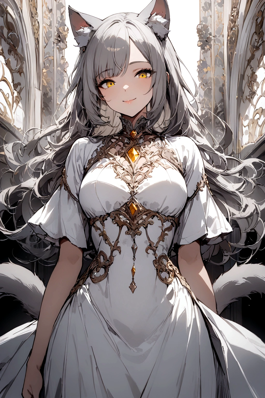 ((masterpiece)), ((best quality)), (from front, facing front:1.32), (close-up:1.2), (half-body shot:1.36), (middle part bangs hairstyle), perfect anatomy, 1girl, solo, adult cat girl, long gray straight hair, yellow round eyes, gray cat ears, gray fluffy cat tail, basic short-sleeved loose white dress, smiling, looking at viewers