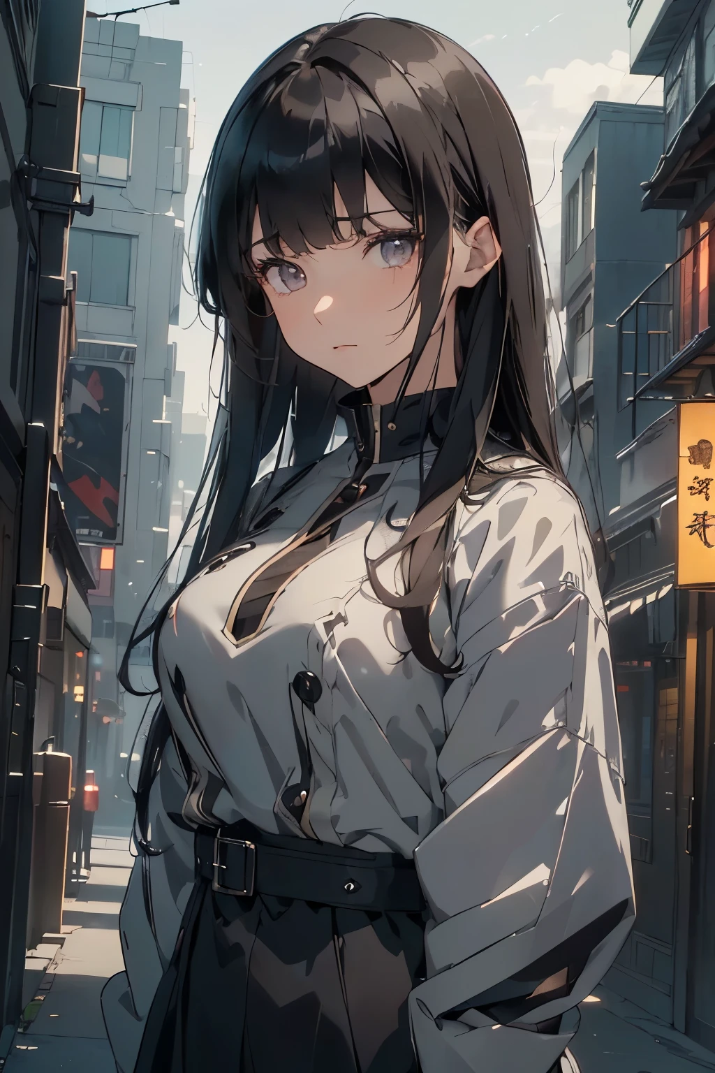 ((Top Quality), ((Masterpiece)), Cinematic lighting, Detailed outfit, Dark-haired anime girl, One girl, Solo, 24 years old, Looking sadly at the viewer, Long hair, Dark hair, Asymmetrical bangs, White blouson, Gray eyes, Closed mouth, Female, Shapely breasts, Gray eyes, Long dark hair, Park at night