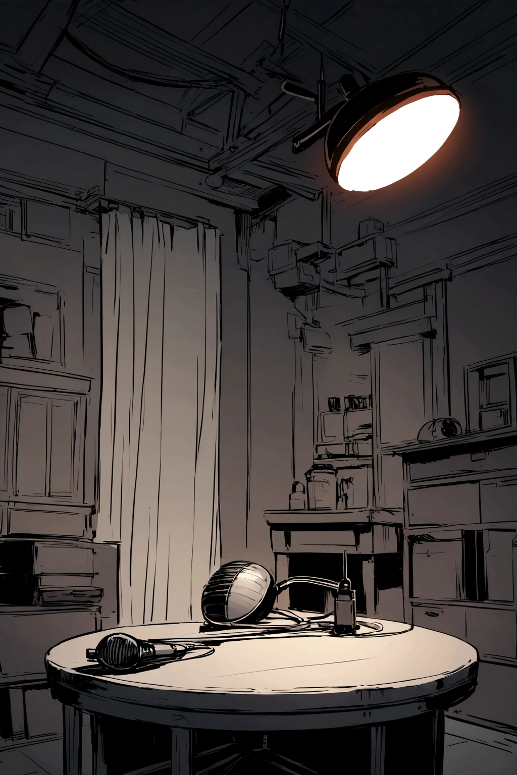 Just a normal room with a table and condenser mic attached to it . Animated