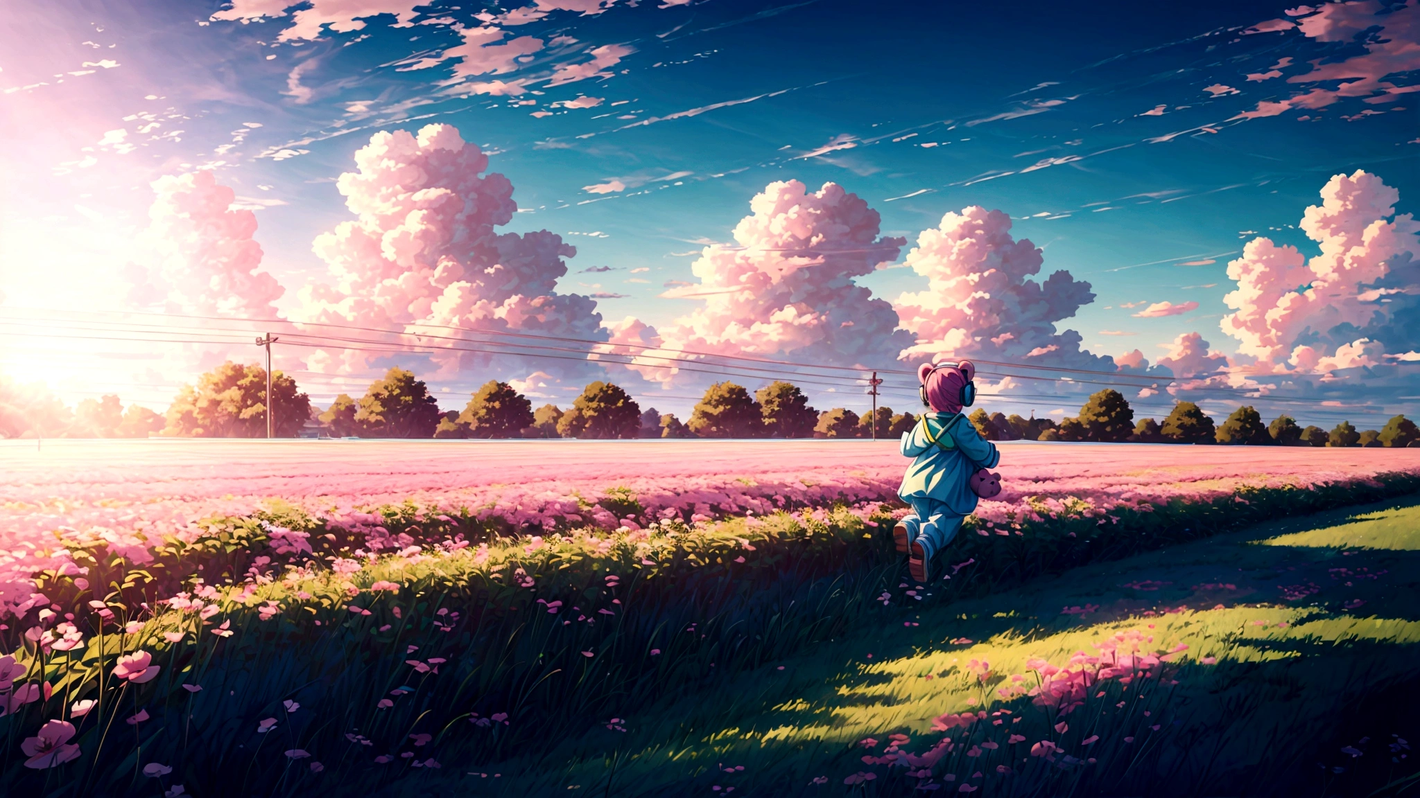 The sky is blue and the clouds float around.,green field,middle stream,A pink teddy bear wears headphones and runs around.