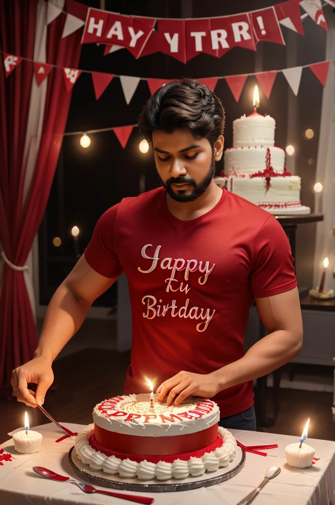 Create a 3d image in which a adult boy cutting Cake wearing red color shirt with Name "SAURAV" is written clearly on the Cake and 22 year candle burning on the Cake, image features with birthday decorated view, realistic image, background decorated with birthday items. 