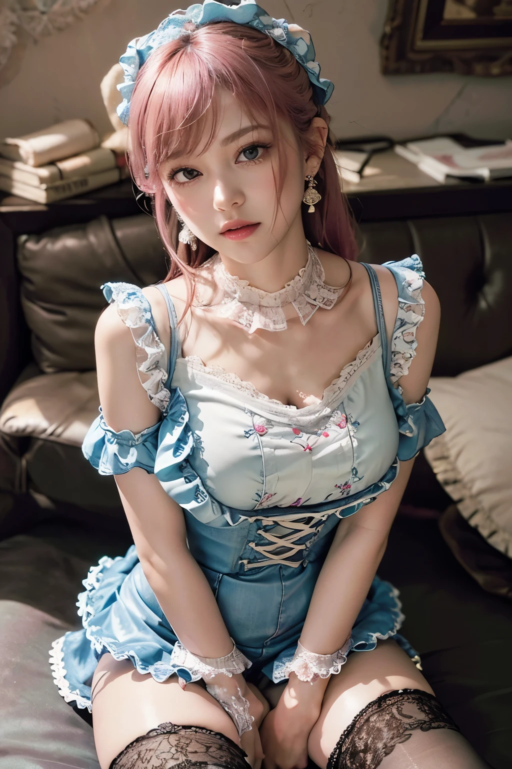 (8K, top-quality, masterpiece:1,2), (reallistic, Photorealsitic:1.37), Super Detail, One girl,), (Highly detailed), (beautifully detailed eyes), (of the highest quality), (super detailed ), (masterpiece), (Detailed face),20yr old, ,1 girl, full body, pink hair,Very long hair, medium breasts, clothed, Perfect Lighting, pussy and breast focus, looking at viewer, aroused face, naughty face, (dynamic angle:1.2),(large lase ribbon tied around her neck:1.2),(ultra detailed embroidery maid dress with lace:1.3), (transparent puff sleeves:1.2),(ultra detailed embroidery latex body suit decorated with (frills and lace:1.5):1.3),(ultra detailed denim short pants:1.3),(ultra detailed embroidery knee high stocking:1.5),(ultra detailed decorative earrings:1.2)