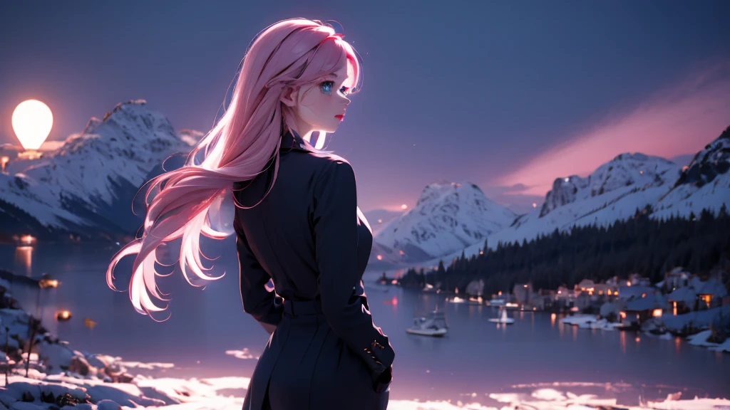1 girl, medium light pink hair, light blue eyes, wearing black suit 4D, night city, absurdres, high res, ultrasharp, 8K, masterpiece, looking from behind