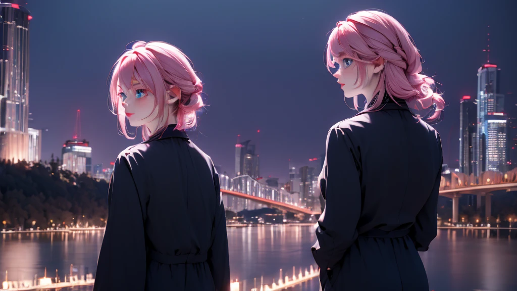1 girl, medium light pink hair, light blue eyes, wearing black suit 4D, night city, absurdres, high res, ultrasharp, 8K, masterpiece, looking from behind
