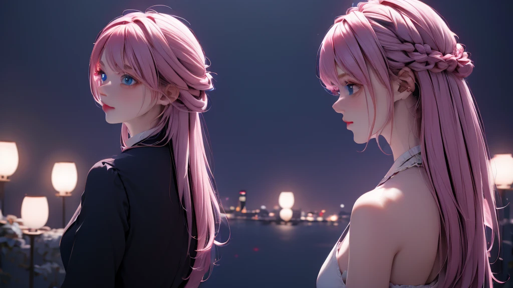 1 girl, medium light pink hair, light blue eyes, wearing black suit 4D, night city, absurdres, high res, ultrasharp, 8K, masterpiece, looking from behind