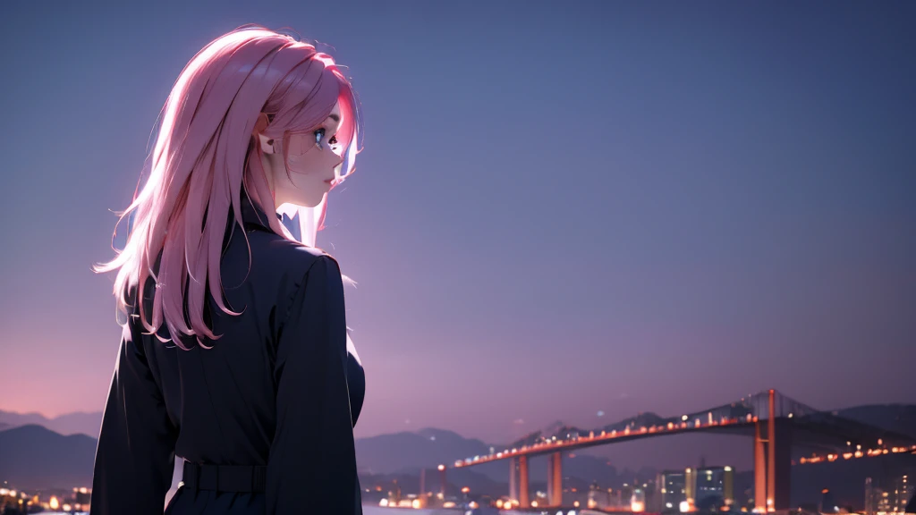 1 girl, medium light pink hair, light blue eyes, wearing black suit 4D, night city, absurdres, high res, ultrasharp, 8K, masterpiece, looking from behind