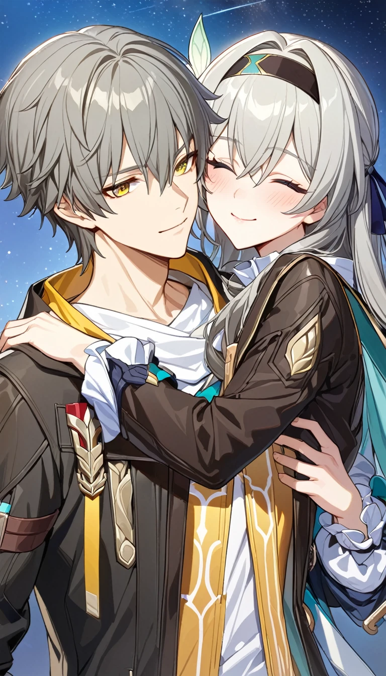 (masterpiece, top quality, best quality, official art, beautiful and aesthetic:1.2),(8k, best quality, masterpiece:1.2), (((masterpiece))),(((best quality))),(((extremely detailed))),illustration, who, (masterpiece, top quality, best quality, official art, beautiful and aesthetic:1.2),(8k, best quality, masterpiece:1.2), masterpiece, best quality, illustration, highres, ultra-detailed, caelus \(honkai: star rail\),commentary request,firefly \(honkai: star rail\), 1girl, 1boy, grey hair, hairband, hug, long hair, smile, jacket, closed eyes, black jacket, shirt, white shirt, blush, gloves, one eye closed, black hairband, hand on another's head, bow, closed mouth, hair between eyes, hair bow, long sleeves, black gloves, hair intakes, short hair, fingerless gloves, simple background, yellow eyes, white background, username, upper body, sidelocks